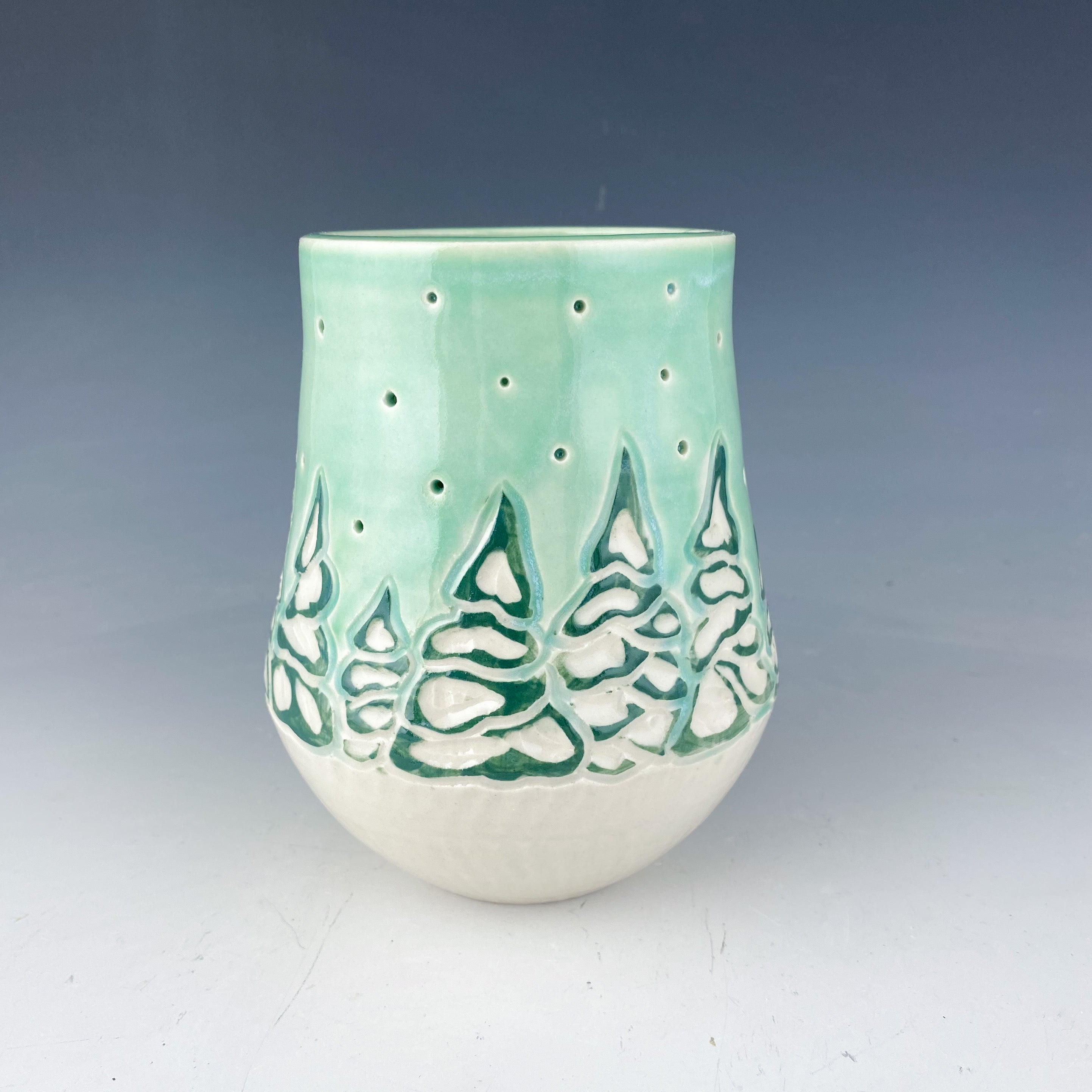 Snowy Tree Votive in Aqua Porcelain