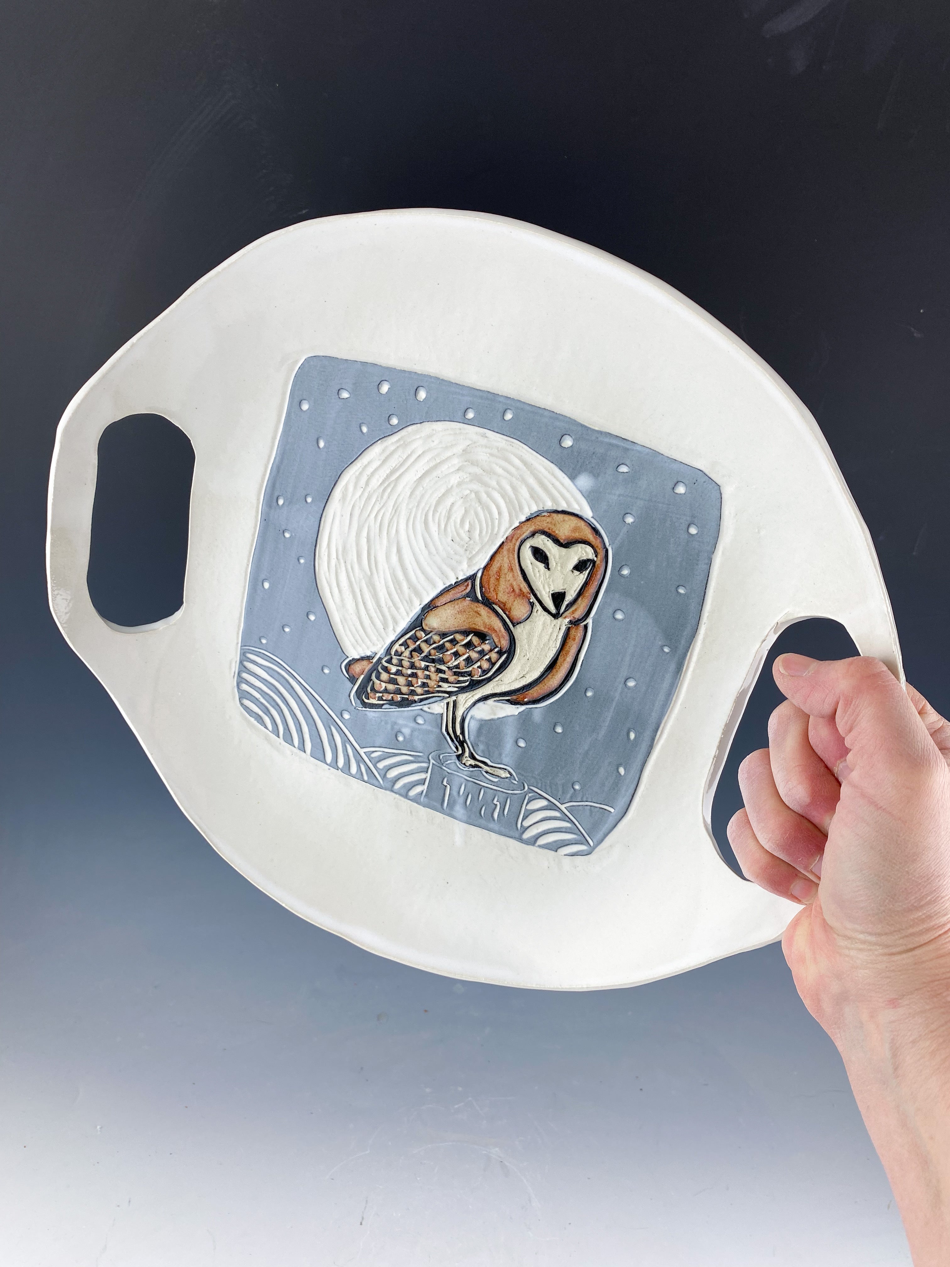 Owl Serving Dish with Handles  in White