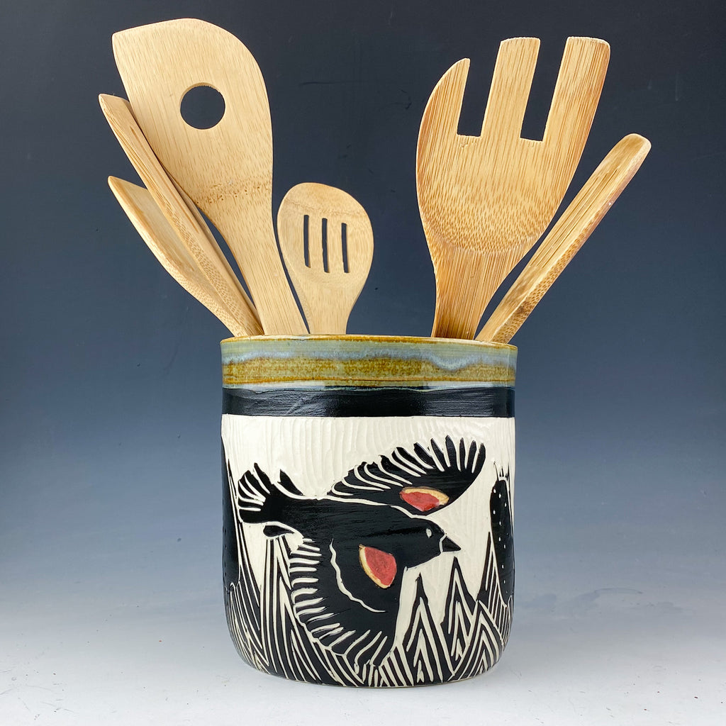 Red Winged Blackbird Utensil Crock in Gray