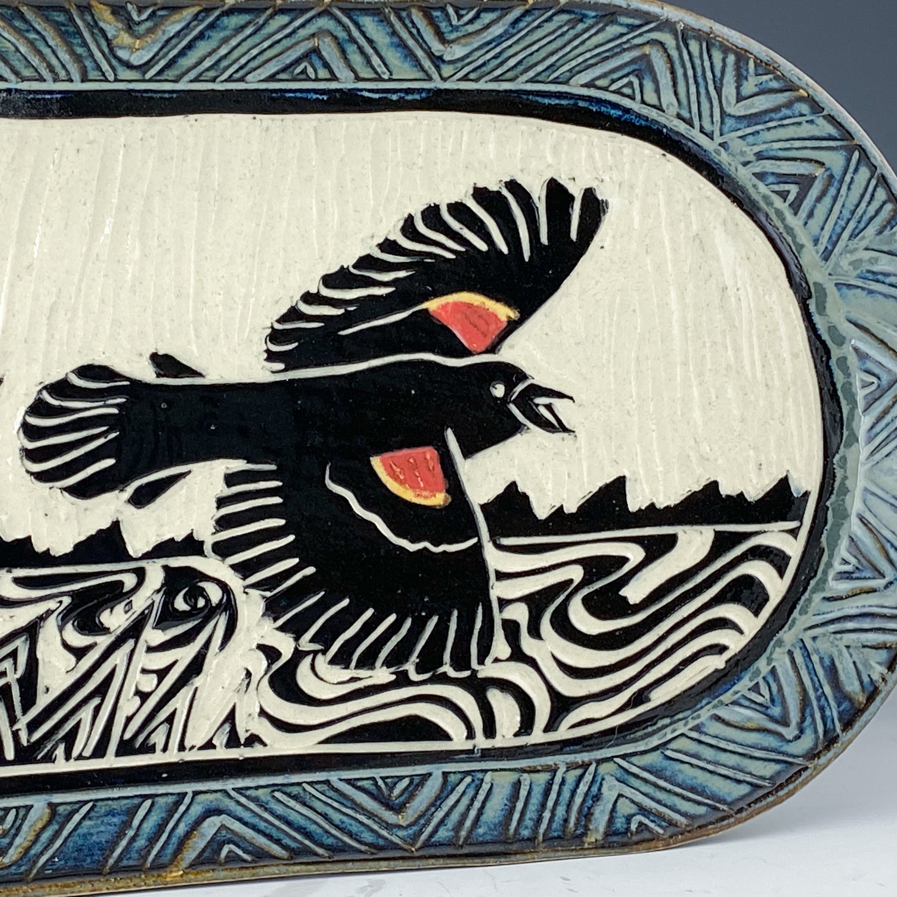 Red Winged Blackbird Large Oval Serving Tray in Gray