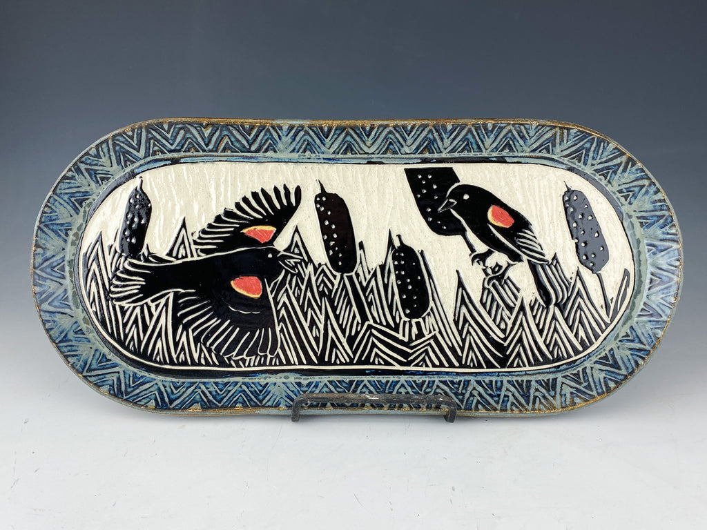 Red Winged Blackbird Large Oval Serving Tray in Gray