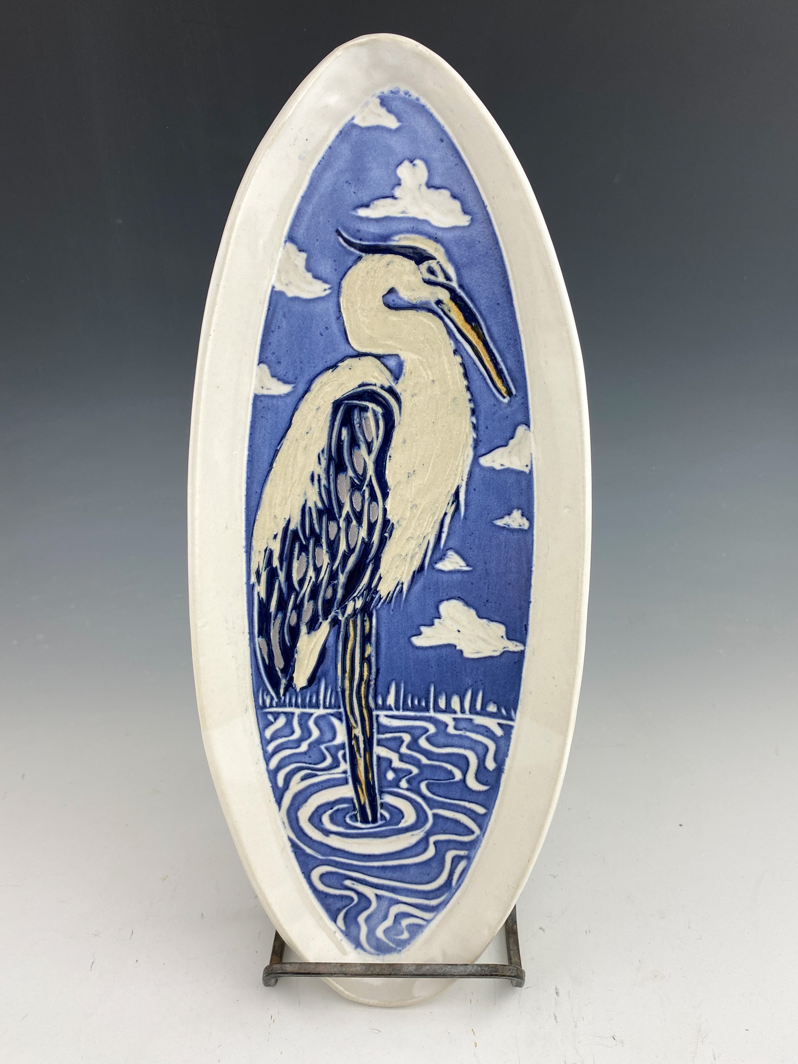 Heron Oval Tray in White and Blue
