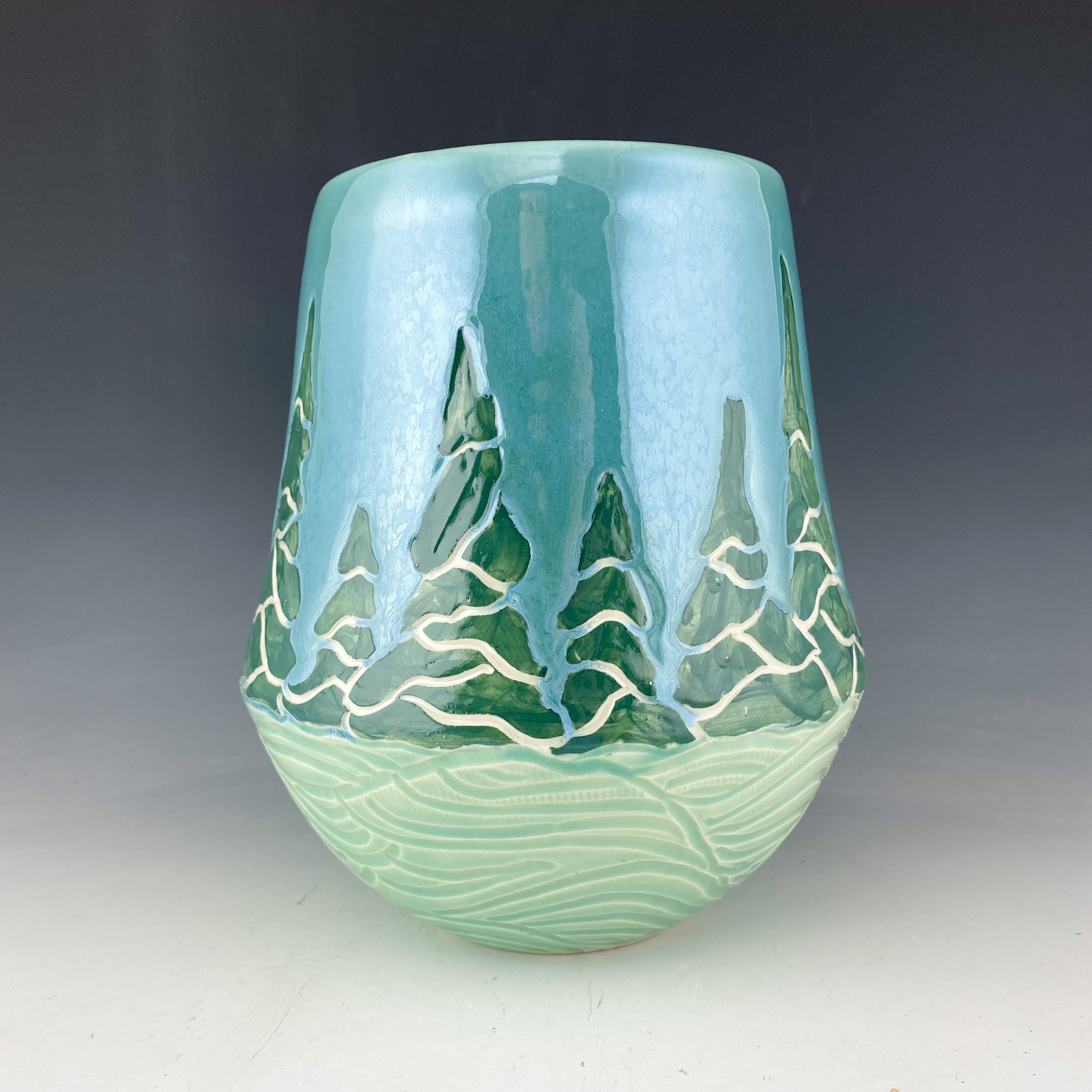 Trees and Water Vase in Blue Porcelain