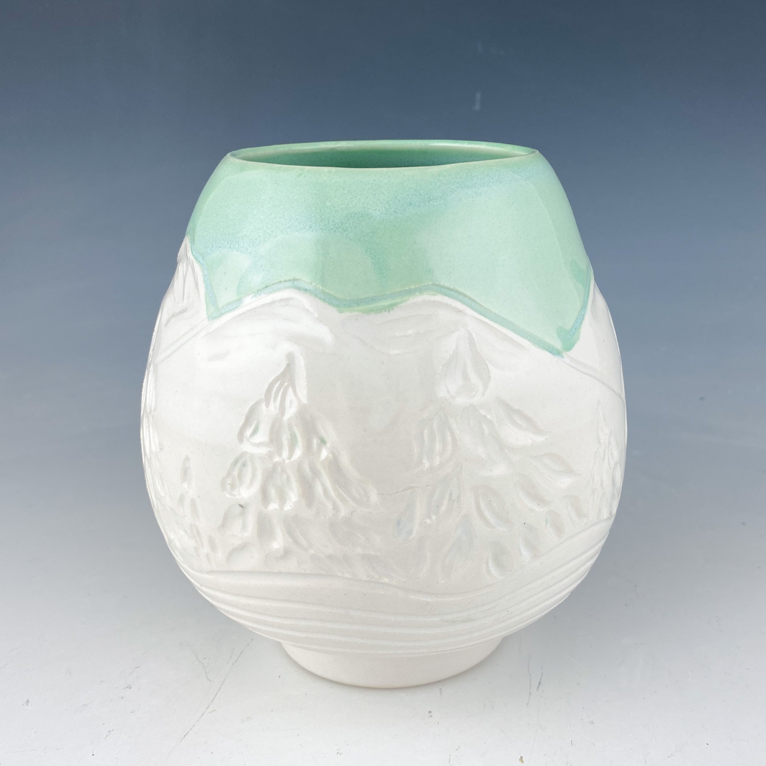 Winter Scene Votive and Vase in Aqua and White Porcelain