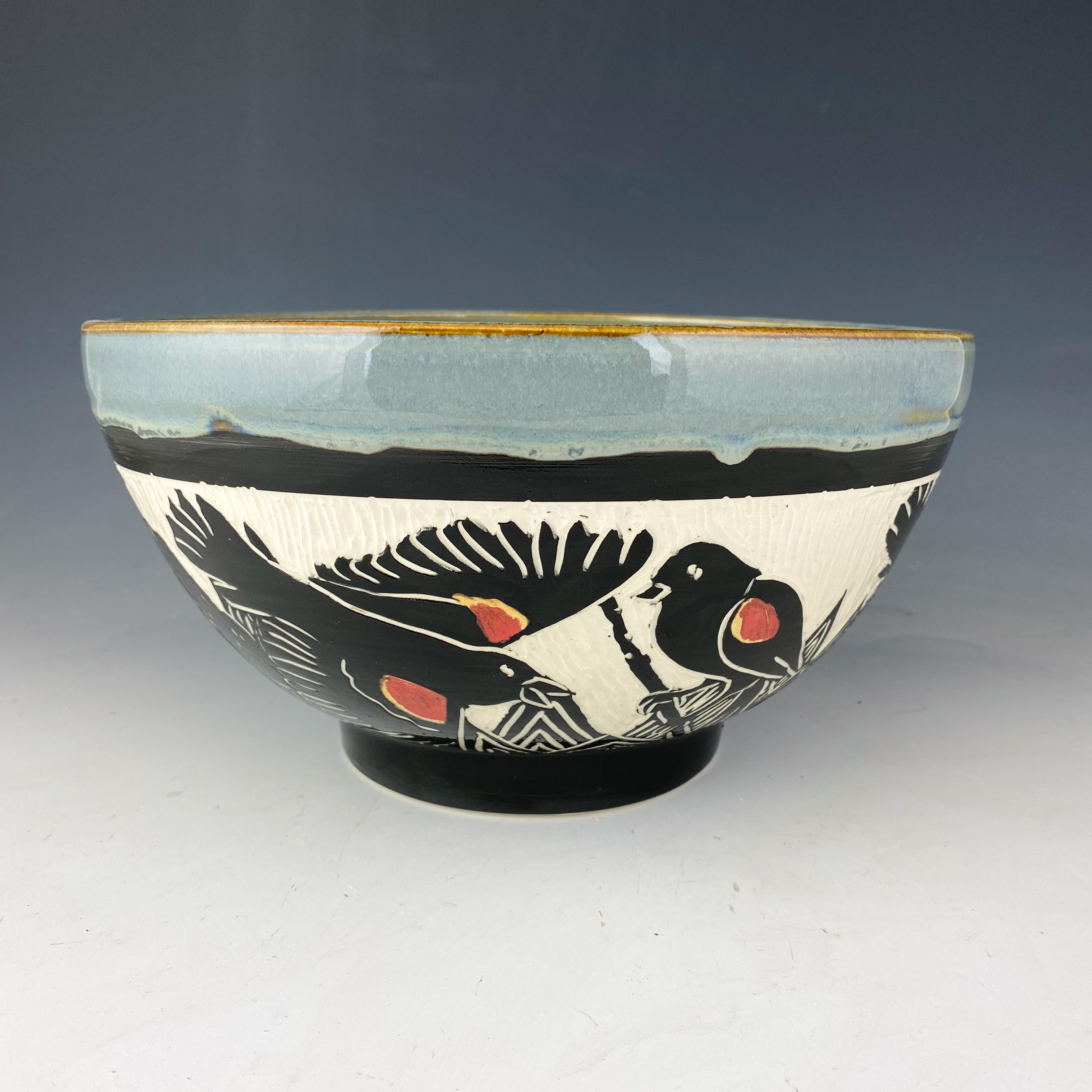 Red Winged Blackbird Serving Bowl in Gray