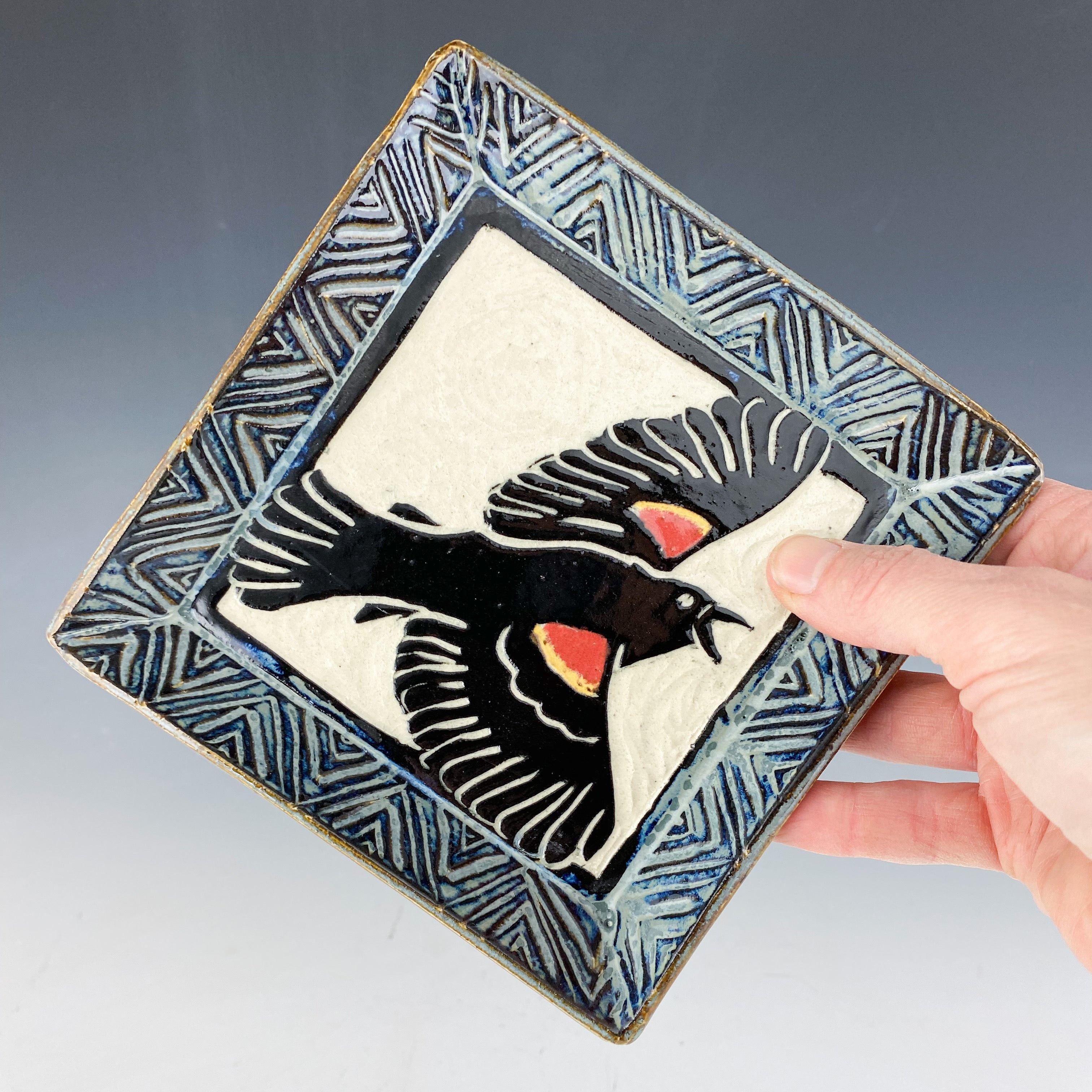 Red Winged Blackbird Small Plate in Gray