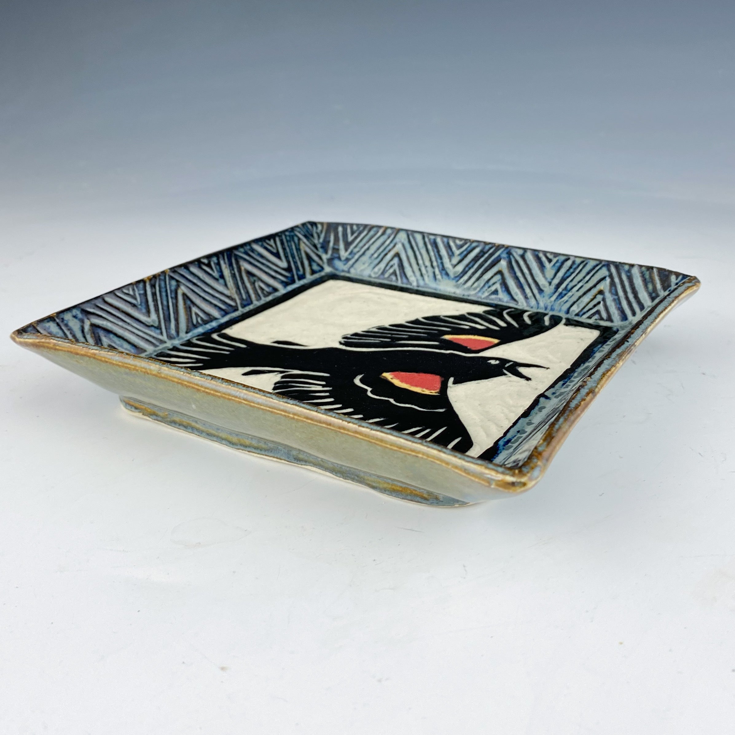 Red Winged Blackbird Small Plate in Gray