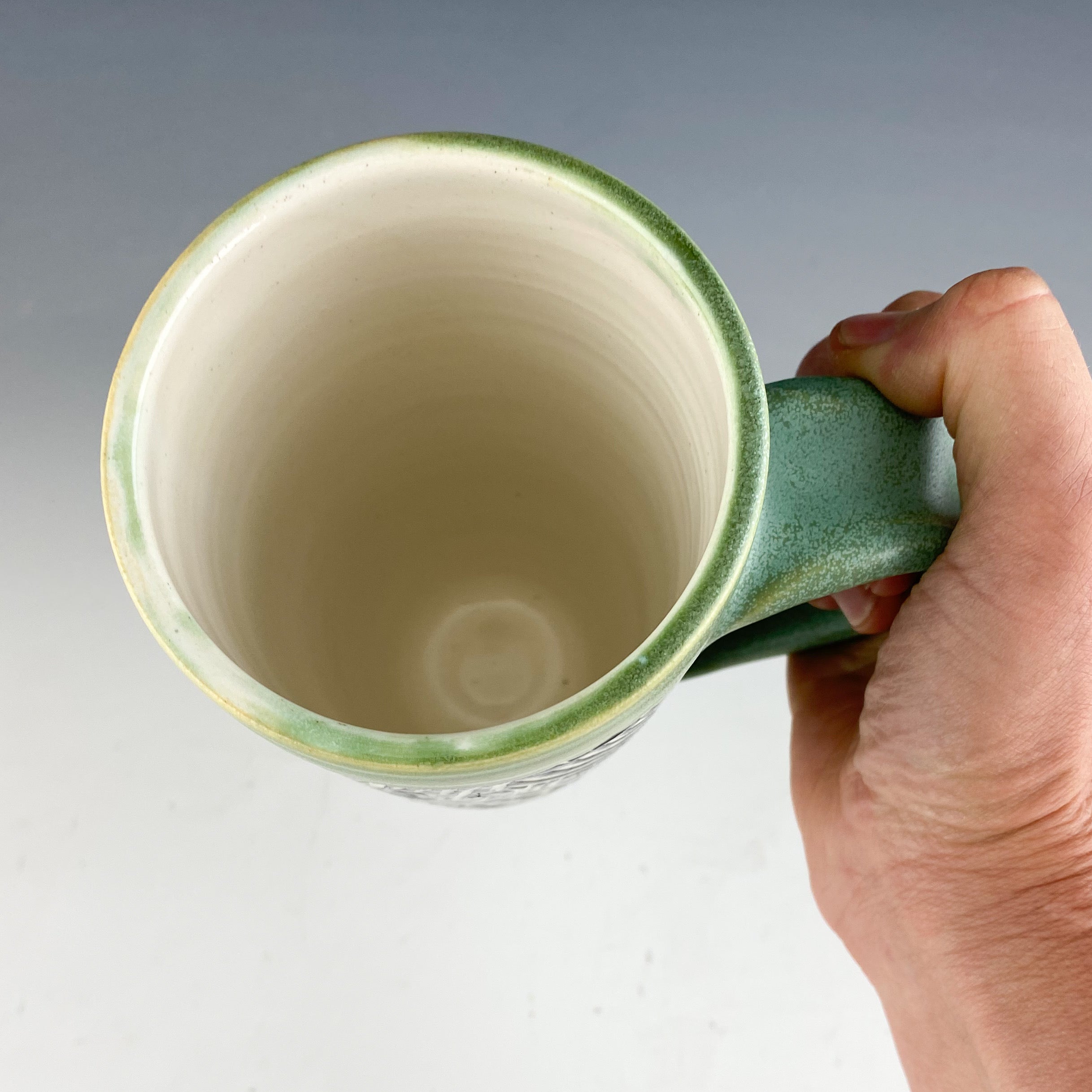 Tall Striped Gray-Green Mug with Two-Finger Handle — stonepool pottery