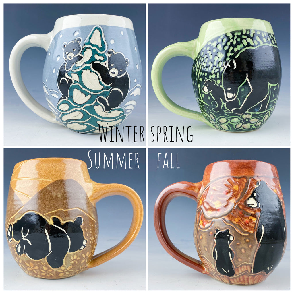 Four Season Bear Mugs in Green, White, Gold and Rust