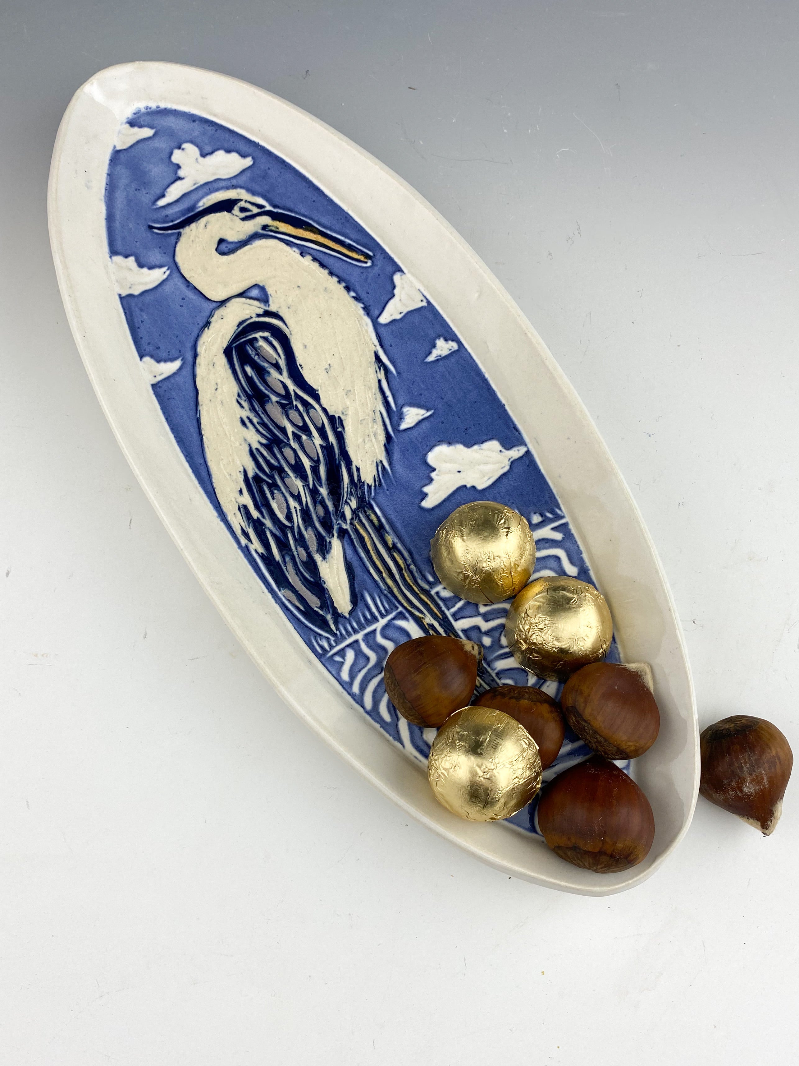 Heron Oval Tray in White and Blue