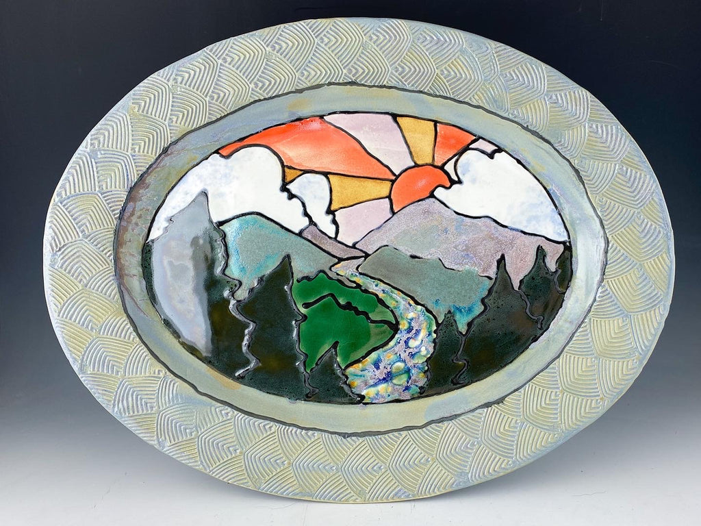 Sunset Large Serving Platter Handmade Sgraffito Pottery in Gold