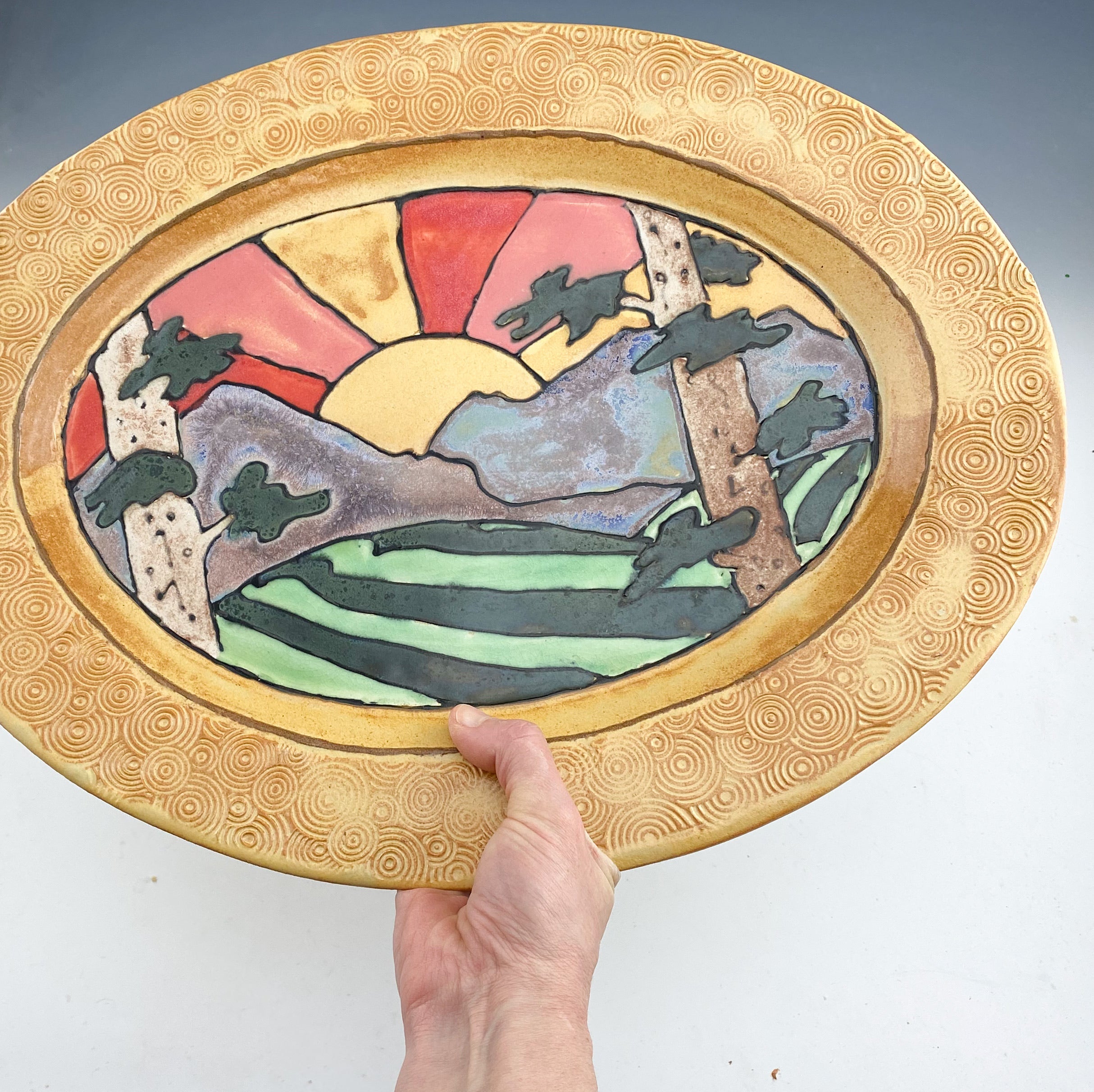 Sunset Large Serving Platter Handmade Sgraffito Pottery in Gold