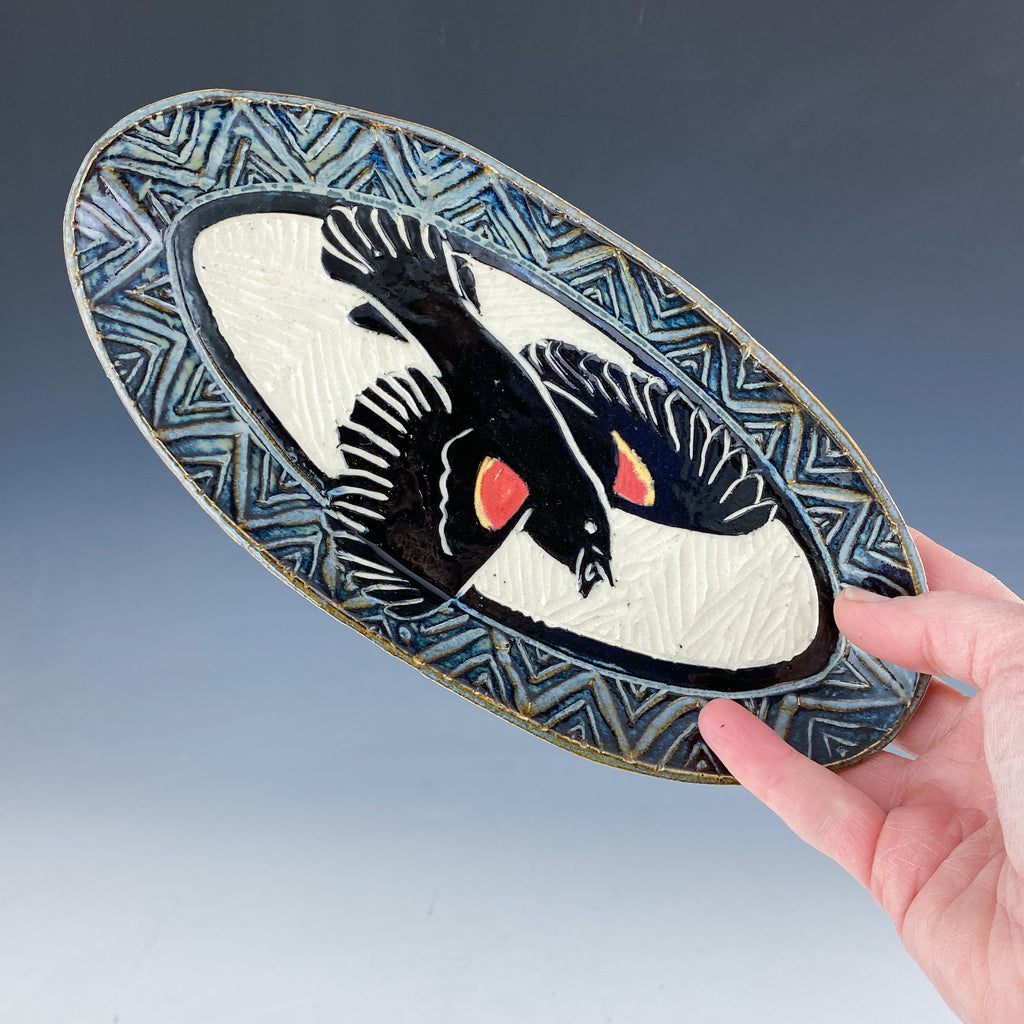 Red Winged Blackbird Small Tray in Gray