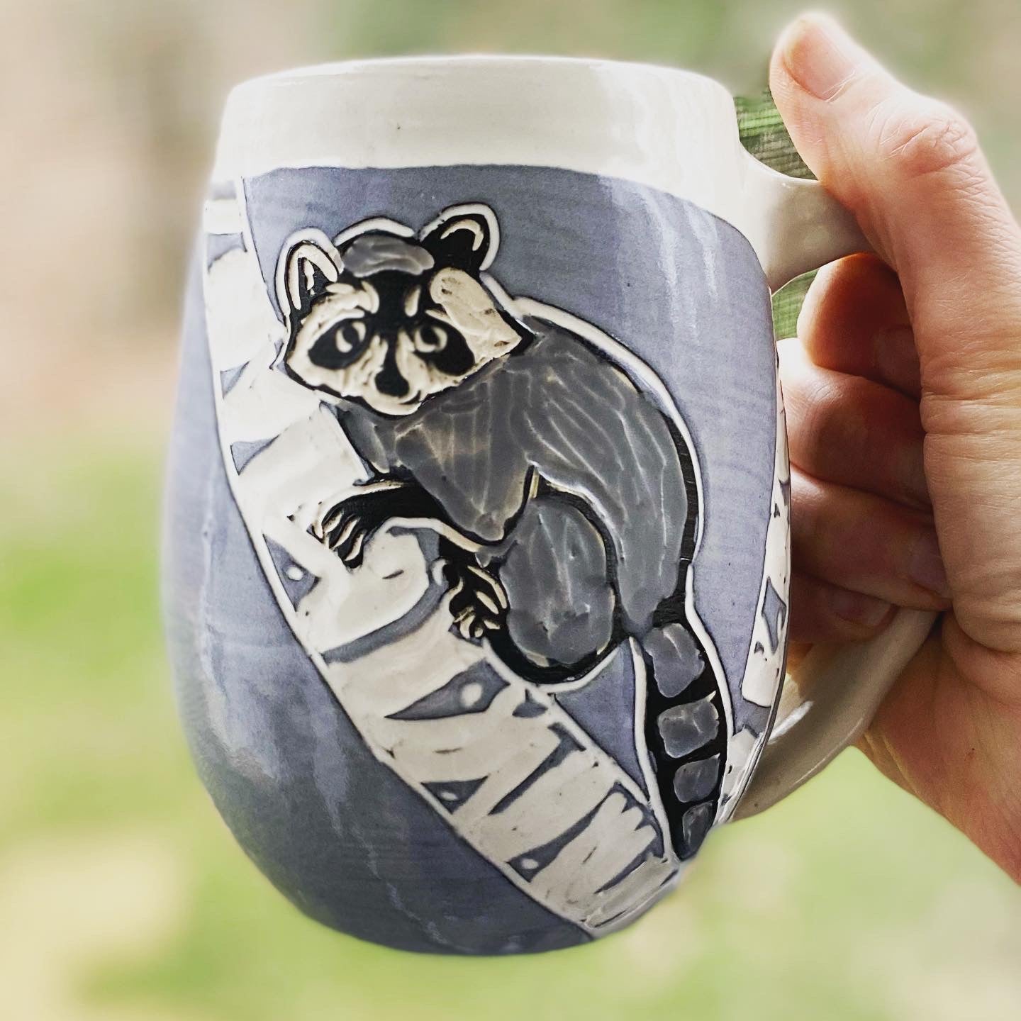 Raccoon Mug on Birches in White